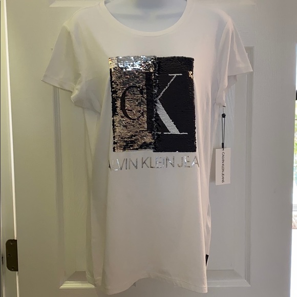 Calvin Klein Jeans Tops - CALVIN KLEIN WOMENS SEQUINED CK LOGO T-SHIRT